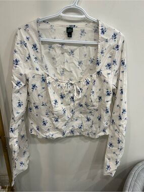 wild fable White Long-Sleeve Floral Scoop Tie Blouse
